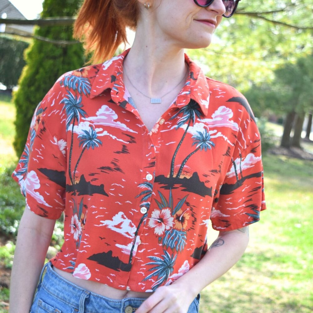 Red Tropical Cropped Button Down